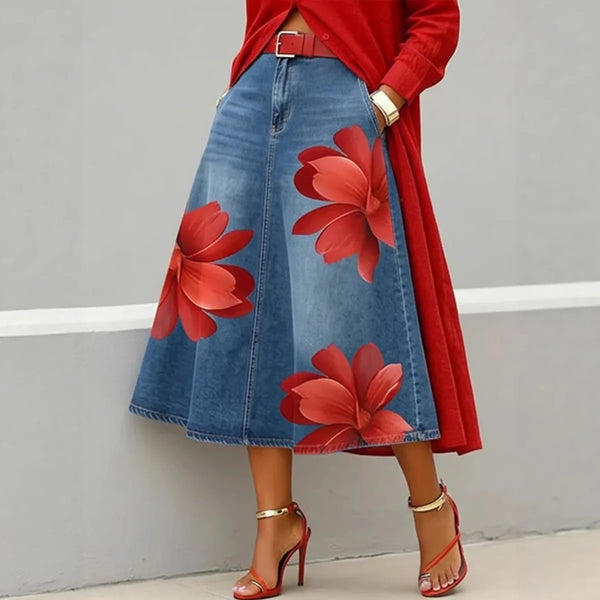 Streetwear Women's Red Floral Print Denim Midi Skirt High Waist A-Line Casual Swing Skirt Plus Size Flared Jean Skirt