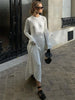 Lace-Up Female Knit Maxi Dress Autumn High Waist Patchwork Long Sleeve Loose Solid Dress Bandage Knitwear Dress
