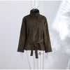 Chic Green Suede Lace Up Jackets Women Loose Stand Collar Belt Long Sleeve Buttons Coats Autumn Winter Lady Outwear