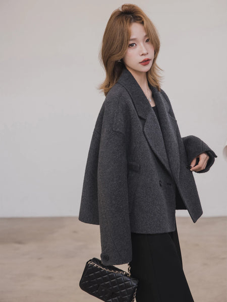 100% Pure Wool Short Coat Women Woolen Jacket Cropped Warm Relaxed Fit Chic Office Commuter Winter Outerwear