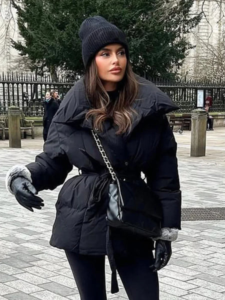 Casual Solid Lace Up Cotton Coat Women Chic Lapel Long Sleeve Warm Loose Pocket Short Jacket Winter Lady Commute Street Outwear