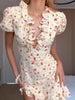 Sexy Floral Printed Mini Dress Women V-neck Flared Sleeve Waist Cinching Ruffle Bodycon Vestido Lady Party Vacation Gowns