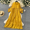 Spring Vintage Loose Dresses Women Lantern Sleeve Turn-down Collar Solid Single Breasted Casual Folds Long Dress