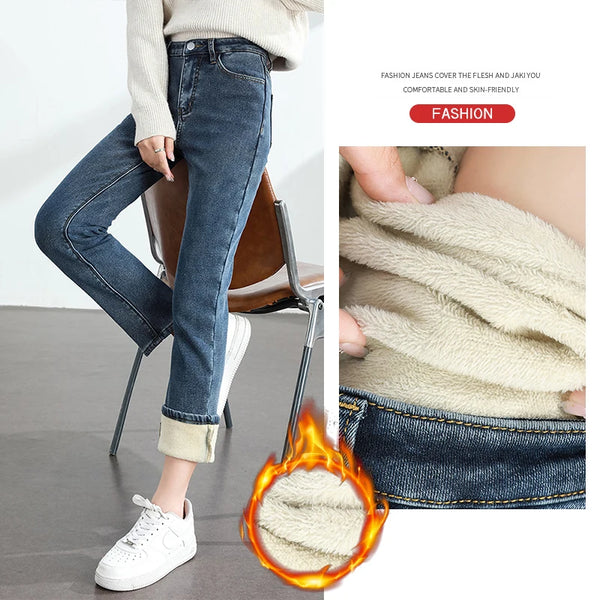 Women's Winter Fleece Warm Jeans Retro Elastic Thickened Comfortable Straight Korean Casual Female Velvet Denim Pants