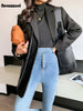 Autumn Black Wool Blends Patchwork Leather Jacket Women with Many Pockets Long Sleeve Korean Streetwear