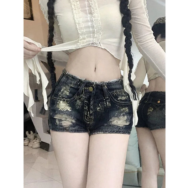 American Y2K Hole Denim Shorts Women Sexy Low-Waisted Skinny Mini Shorts Female Streetwear Short Jeans
