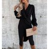 Elegant Long Sleeved Dress Women Solid Color Slim Fit Sexy Pleated Design Lapel Lantern Sleeve Shirt Dress