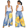 Women Fake Denim 3D floral Print Loose Wide Leg Jogger Pants Streetwear Active Hip Hop Sweatpants Trousers