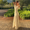 Floral Printed Chiffon Long Dress Women Chic Deep V-neck Lace Patchwork Mini Sleeves Slim Fit Dresses Lady Daily Wear