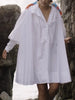 Women's White Stand Collar Pleated Mini Dresses Long Puff Sleeves Buttoned Oversized Casual Cotton Shirts Dress