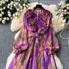 Retro Elegant Autumn Edible Tree Fungus Patchwork Long Sleeves Print Chiffon Dress A-line French Vintage Vacation Women Dresses