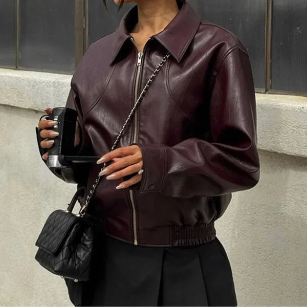 Loose PU Jacket Coats For Women Autumn Winter Long Sleeve Lapel Wine Red Coats Vintage Commuting Bomber Jackets