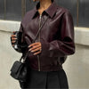 Loose PU Jacket Coats For Women Autumn Winter Long Sleeve Lapel Wine Red Coats Vintage Commuting Bomber Jackets