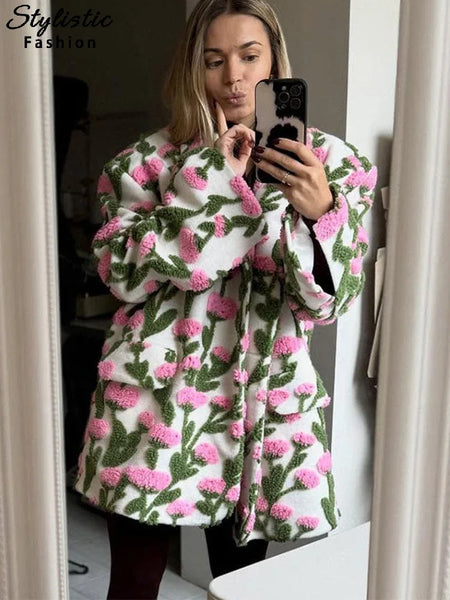 3d Flower Blazer Coat Women Casual Long Sleeve Lapel Single Breasted Loose Jacket Female Autumn Winter Chic Lady Outwear