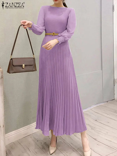 Elegant Women Pleated Dress Classy Smocked Cuffs Long Sleeve O Neck Fit and Flare Long Vestidos Commute Solid Party Robes
