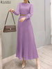 Elegant Women Pleated Dress Classy Smocked Cuffs Long Sleeve O Neck Fit and Flare Long Vestidos Commute Solid Party Robes