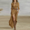 Woman Dresses French Retro V Neck Belted Slim Pleated Long Dress Autumn Single Breasted Long Sleeve Slit Bohemian Dress
