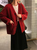 Beige Pockets Knitted Sweater Coats Women Loose Single-breasted V-neck Purple Cardigan Female Autumn Casual Red Cardigans