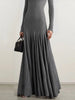 Women's Grey Knit Maxi Dress Turtleneck Long Sleeve with Fitted Bodice and Flared Mermaid Skirt Elegant Party Dresses