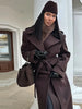 Vintage Large Lapel Tweed Long Coat Women Elegant Loose Double Breasted Belt Coats Lady Winter Classic Chic Street Overcoat