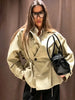 Women's Khaki Short Trench Coat Chic Lapel Collar Single Button Drawstring Waist Adjustable Oversized Jacket Commuting Outerwear