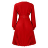 Elegant Dresses Woman V Neck Full Sleeve Pleated Mid Calf Belt Waisted African Female Birthday Party Dress