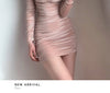 Sexy Style Low Vut V-neck Pleated Dress For Women Spring Autumn Slimming Buttocks Long Sleeved Pink Mini Hip Wrap Dresses