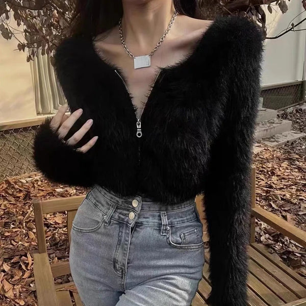 Zip Up Crop Cardigan for Women Long Sleeve Fuzzy Knit Crop Sweater Jacket Shrunken Cardigan Y2K Acubi Outfit