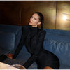 Black Pleated Shoulder Pad Dress Women Full Sleeve High Collar Slim Mini Dresses Lady Daily Commute Elegant Gowns