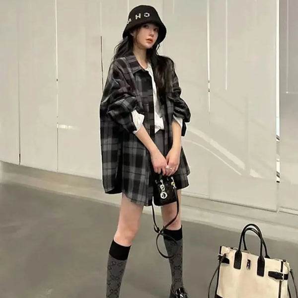 Plaid Blouse Women Spring And Autumn -style Retro Outer Wear Long-sleeved Shirt Loose Jacket Ladies Clothes
