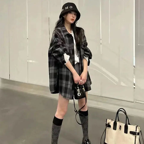 Plaid Blouse Women Spring And Autumn -style Retro Outer Wear Long-sleeved Shirt Loose Jacket Ladies Clothes