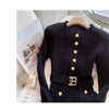 Autumn Winter Women Knitted Dress Brand O-neck Buttons Bodycon Sweater Dress with Belt Lady Office Dress