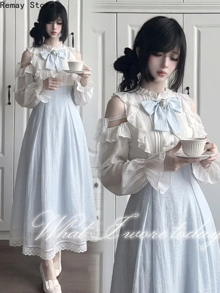 Japanese Sweet Lolita Women Dresses Kawaii Slim Fit Bow Lace Y2k Evening Dress Chic Korean Vintage Party Harajuku Outfit