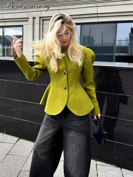 Women Long Sleeve Short Jackets Stand Neck Button Waist-cinching Chic Blazer Lady Commute Street Outerwear