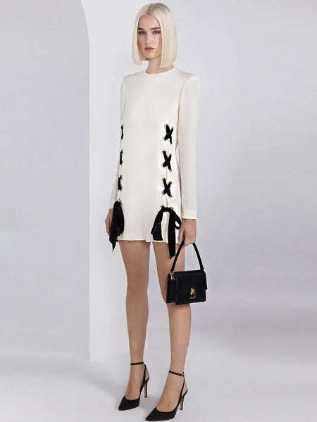 High Street S/S Designer Runway Women's Long Sleeve Ribbons Lacing Up Dress