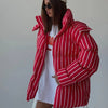 Winter Striped Women's Hooded Quilted Jacket Thicken Zipper Long Sleeve Short Coat Casual Female Loose Warm Outerwear