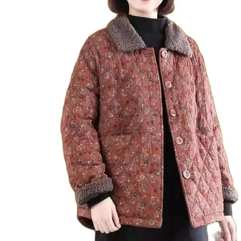 Women's Autumn Winter Cotton-padded Coat Female Single row buckle Floral Jacket Retro Short Leisure Woolen collar Overcoat