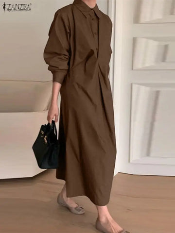 Women's Gathered Front Maxi Dresses Fall Solid Color Turn-Down Collar Long Sleeve Half Buttons Shirtdress Commuting