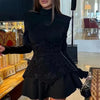 Elegant Sequins Patchwork High Waist A-Line Dress Women O-neck Slim Mini Dress Casual Long Sleeve Pleated Party Dresses