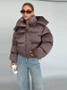 Solid Hooded Cropped Puffer Jacket Women Stand Collar Snap Button Loose Long Sleeve Jackets Winter Casual Warm Padded Coat