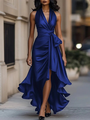 Women's Deep V-neck Ruffled Evening Gowns Solid Color Lace-up High Waist Satin Party Dresses Wedding Guests Dress