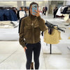 Women's Cropped Bomber Jacket Stand Collar Zipper Patch Pocket Rib Trim Long Sleeve Short Coat Vintage Autumn Casual Outfit