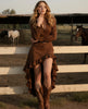 Women's Retro High Low Ruffle Hem Dress Long Sleeve Turn Down Collar Chic Ethnic Western Cowboy Slim Midi Dresses Autumn