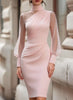 Women Mock Neck Mesh Long Sleeve Midi Dress Asymmetric Ruched Waist Slim Bodycon Elegant Wedding