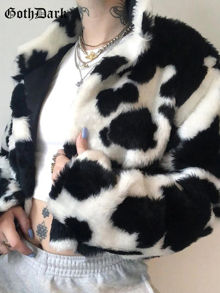 Punk Style Gothic Crop Faux Fur Y2k Coats Color Block Long Sleeve Women Cardigan Jackets Warm Streetwear