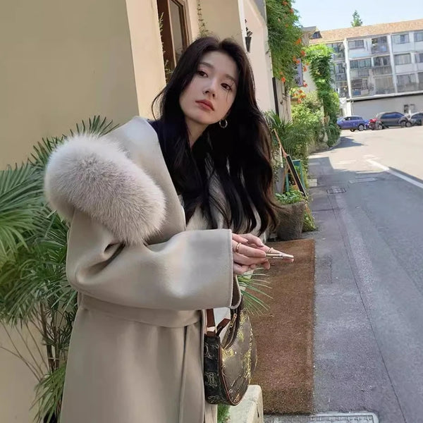 French Lazy Autumn Winter Hooded Double Faced Cashmere Coat Mid Length Real Fox Fur Collar Wool Warm Coat Women