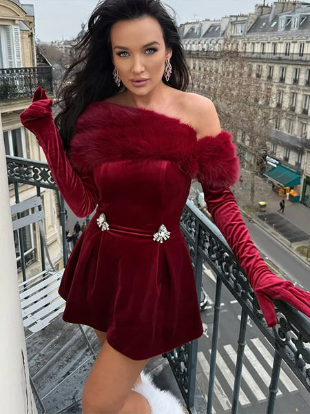 Fur Paneled Off-Shoulder Rhinestone Mini Dress Burgundy Velvet Pleated Evening Elegant Women Dresses Party Chic Lady Gown