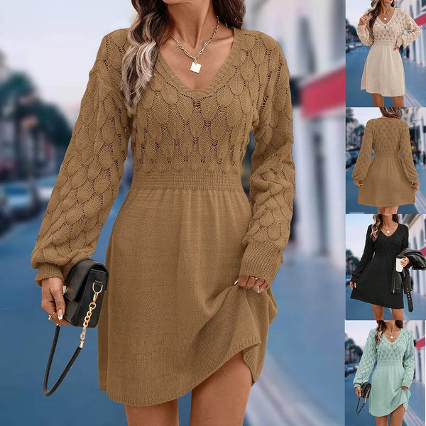 Women Autumn Winter Sweater Dresses V-neck 3D Crochet Knitted Long Pullovers Sweaters Dress