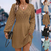 Women Autumn Winter Sweater Dresses V-neck 3D Crochet Knitted Long Pullovers Sweaters Dress