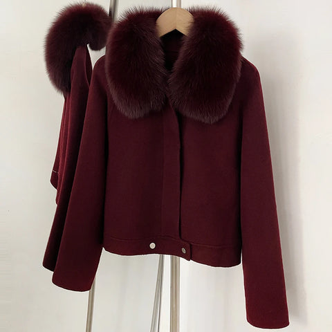 Winter Outerwear Women Cropped 100% Pure Wool Jacket Oversized Real Fox Fur Collar Zip Up Short Wool Coat Female